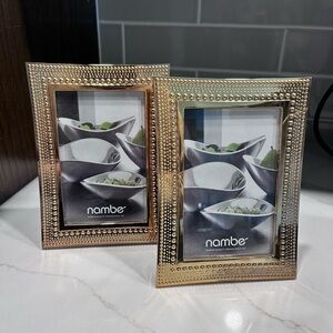 SET/2 Nambe Vintage Gold Beaded Picture Photo Frames Decor Album Metal Glass 4x6